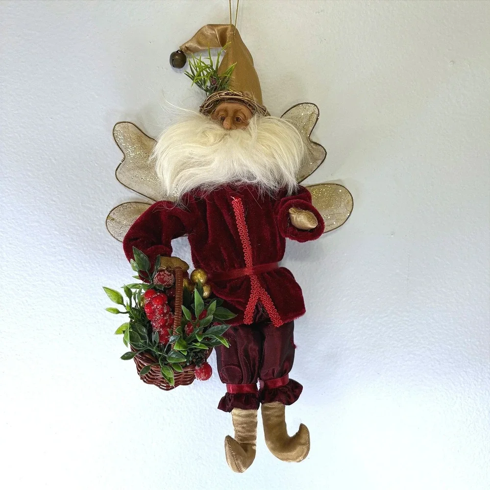 Seasons of Cannon Falls Burgundy Velvet Christmas Elf Fairy Ornament Posable 12